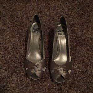 Grey, satin, peep-toe, 2-inch heels.